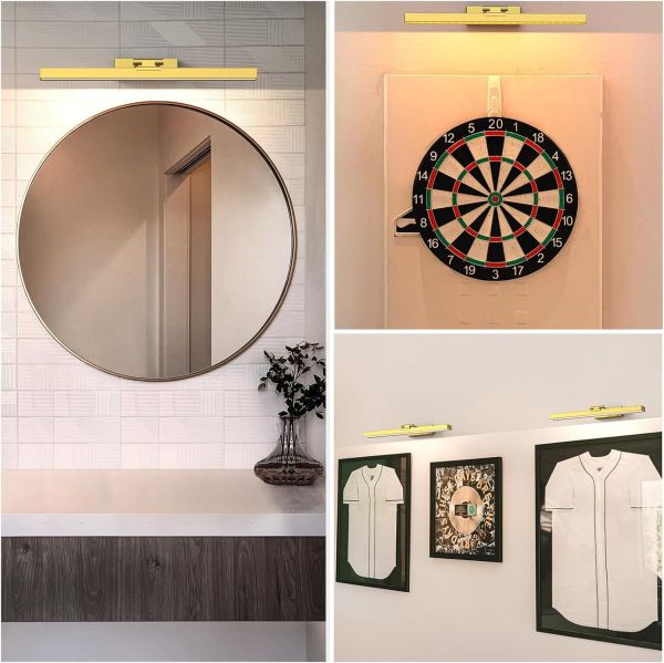 picture light battery operated, 16in wireless art light for paintings cct dimmable recharging battery picture light with remote control for gallery dartboard art bedroom bathroom gold Gold picture lights above mirror, dartboard and frames