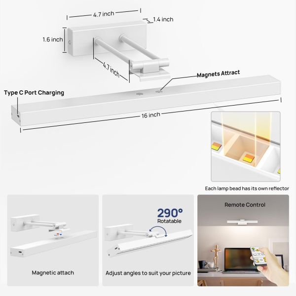 picture light battery operated, 16in wireless art light for paintings cct dimmable recharging battery picture light with remote control for gallery dartboard art bedroom bathroom white White magnetic rechargeable picture light with remote control