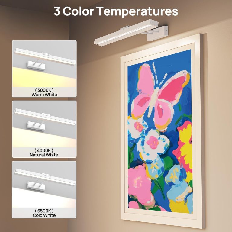 picture light battery operated, 16in wireless art light for paintings cct dimmable recharging battery picture light with remote control for gallery dartboard art bedroom bathroom white Wall-mounted picture light with three colour temperatures