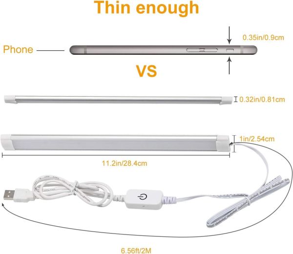 dimmable led under cabinet lighting,5v usb powered closet light bar with touch sensor,plug under counter strip lights with 3 color temperature for kitchen cupboard shelf bookcase (11.2inch 2pack) Slim USB LED light bar with dimensions shown