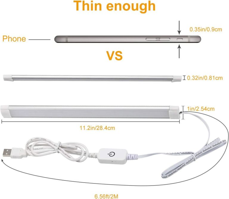dimmable led under cabinet lighting,5v usb powered closet light bar with touch sensor,plug under counter strip lights with 3 color temperature for kitchen cupboard shelf bookcase (11.2inch 2pack) Slim USB LED light bar with dimensions shown