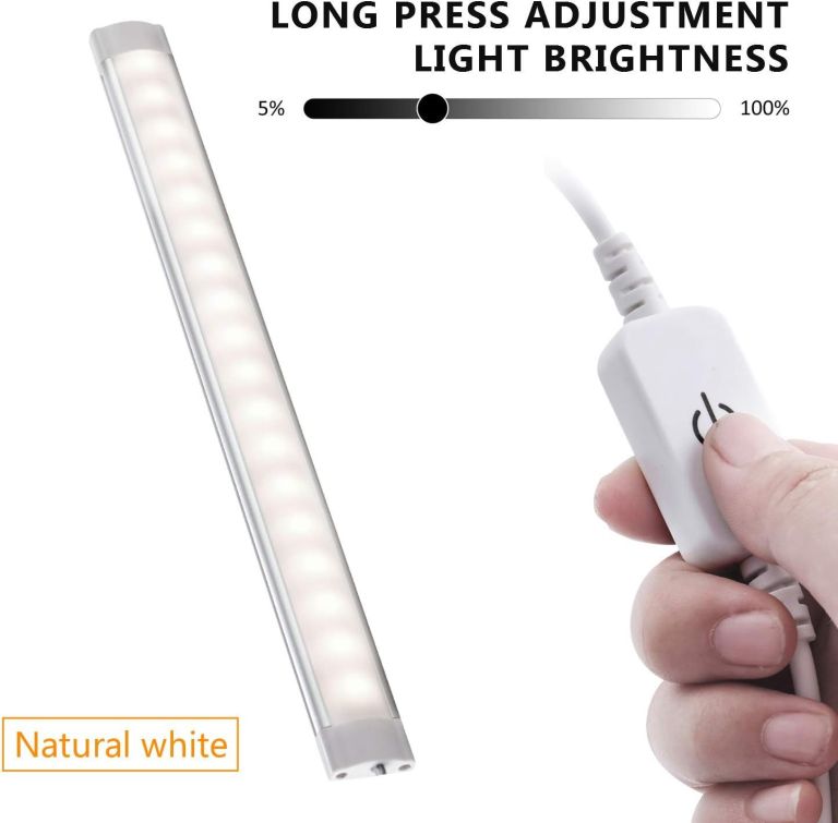 dimmable led under cabinet lighting,5v usb powered closet light bar with touch sensor,plug under counter strip lights with 3 color temperature for kitchen cupboard shelf bookcase (11.2inch 2pack) Dimmable LED light bar with handheld controller