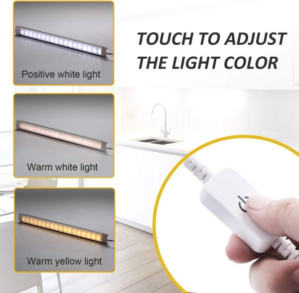 dimmable led under cabinet lighting,5v usb powered closet light bar with touch sensor,plug under counter strip lights with 3 color temperature for kitchen cupboard shelf bookcase (11.2inch 2pack) Adjustable LED light bar with three colour modes
