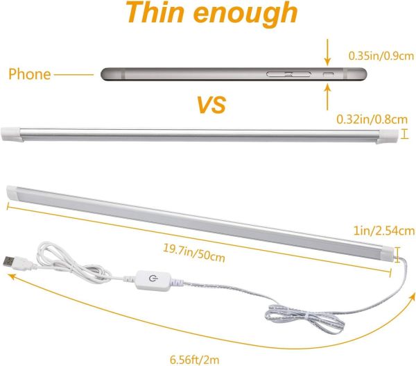 dimmable under cabinet led lighting, smart touch memory function, 5v usb powered led closet light bar cct color changing (50cm 2 pack) Slim LED light bar compared to phone thickness