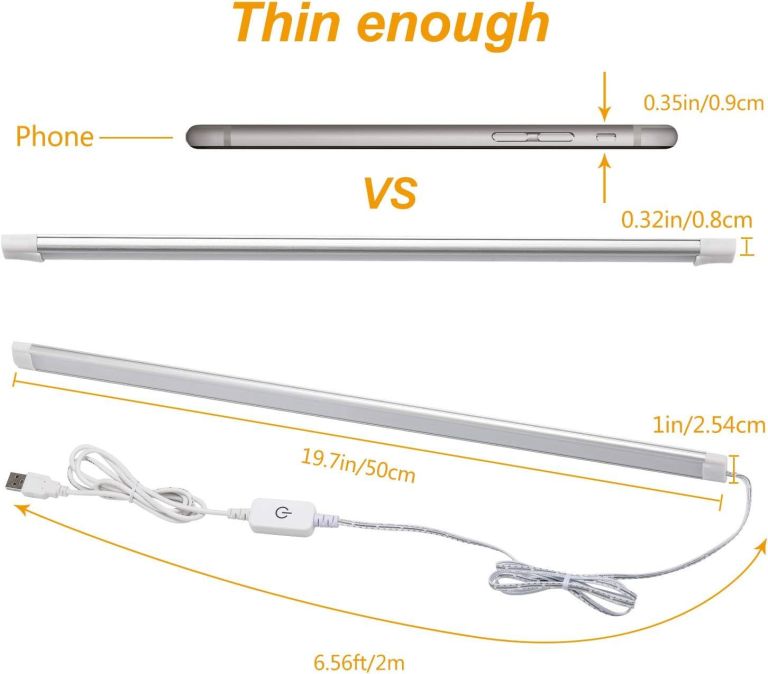 dimmable under cabinet led lighting, smart touch memory function, 5v usb powered led closet light bar cct color changing (50cm 2 pack) Slim LED light bar compared to phone thickness
