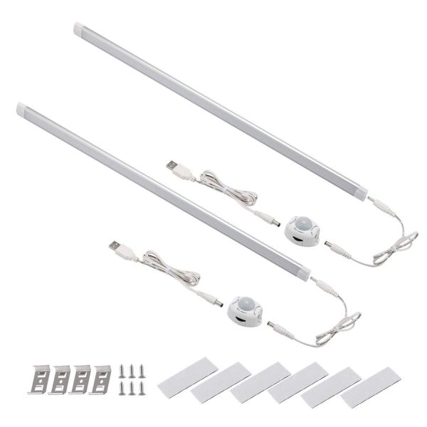 led motion sensor cabinet light,2 pack usb powered closet night light,20 inch under counter lighting kit with automatic shut off timer for kitchen pantry wardrobe cupboard (natural white 4000k) USB LED light bars with motion sensors kit