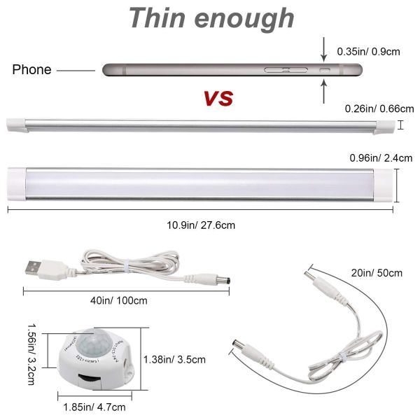 led motion sensor cabinet light,2 pack usb powered closet night light,20 inch under counter lighting kit with automatic shut off timer for kitchen pantry wardrobe cupboard (natural white 4000k) Slim LED light bar with dimensions and accessories