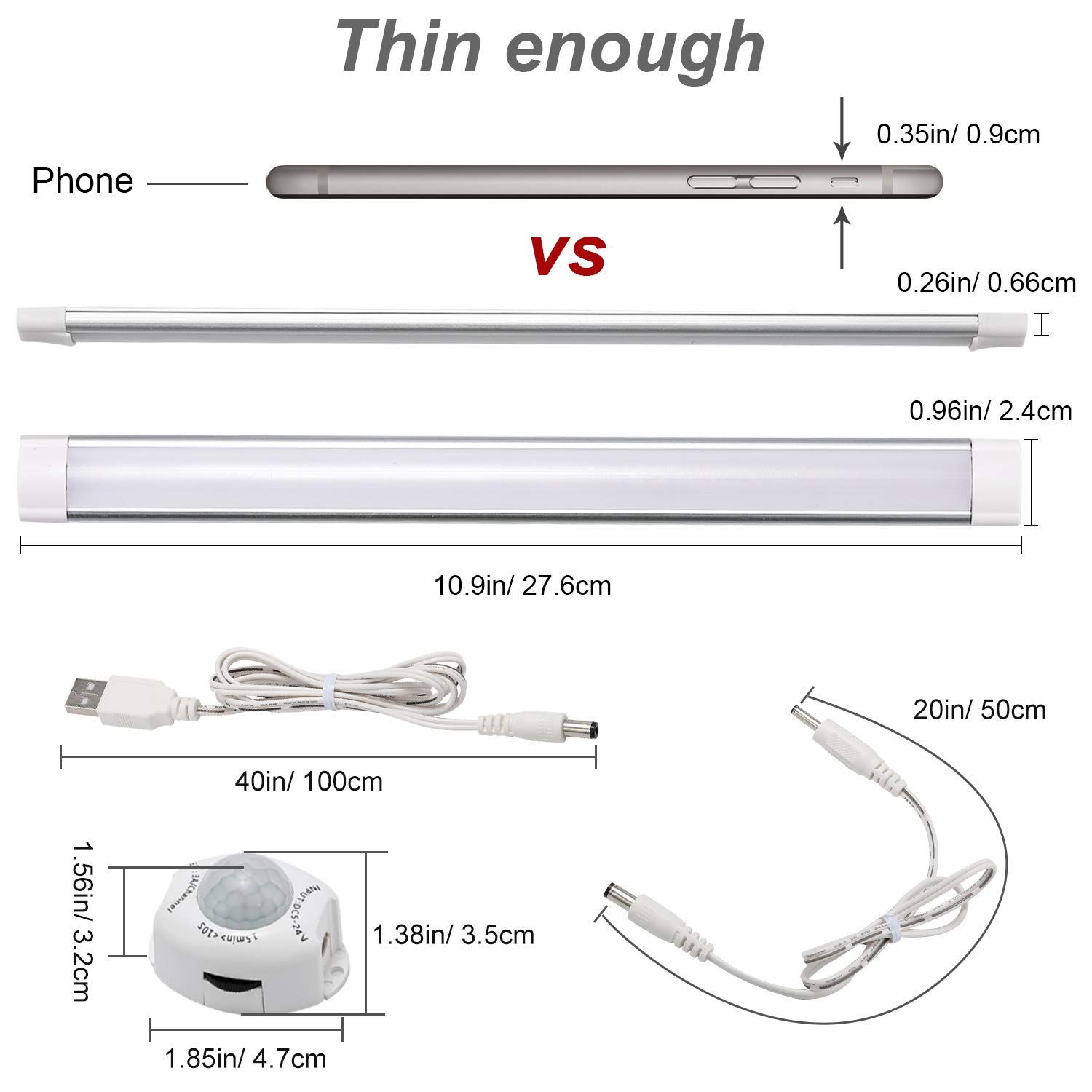 Slim LED light bar with dimensions and accessories