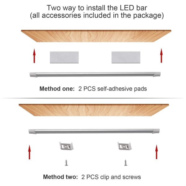 led motion sensor cabinet light,2 pack usb powered closet night light,20 inch under counter lighting kit with automatic shut off timer for kitchen pantry wardrobe cupboard (natural white 4000k) Two LED bar installation methods under shelf