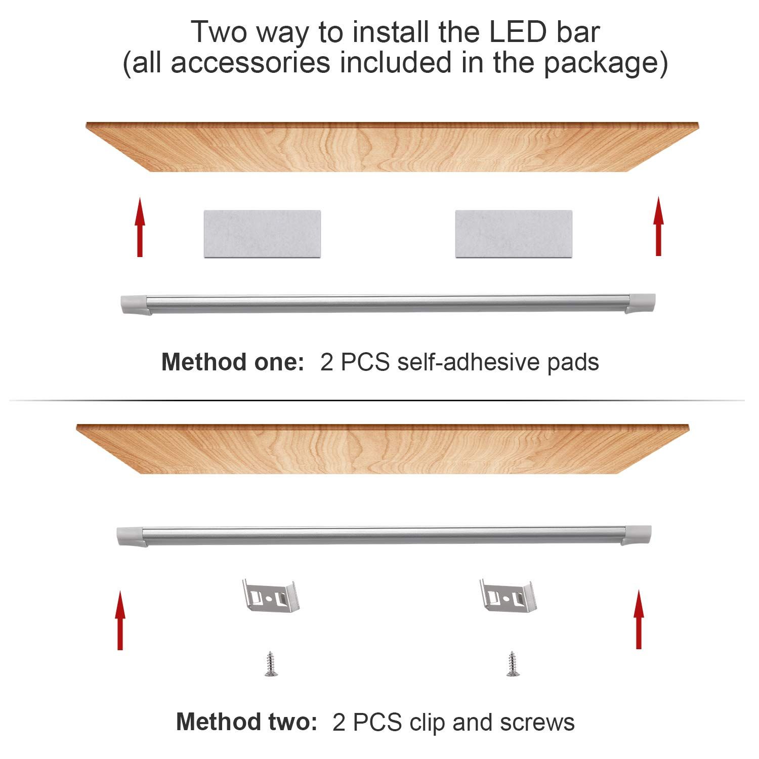 Two LED bar installation methods under shelf