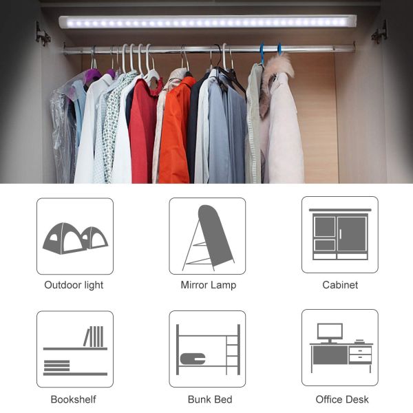 led motion sensor cabinet light,2 pack usb powered closet night light,20 inch under counter lighting kit with automatic shut off timer for kitchen pantry wardrobe cupboard (natural white 4000k) Wardrobe LED light illuminating hanging clothes