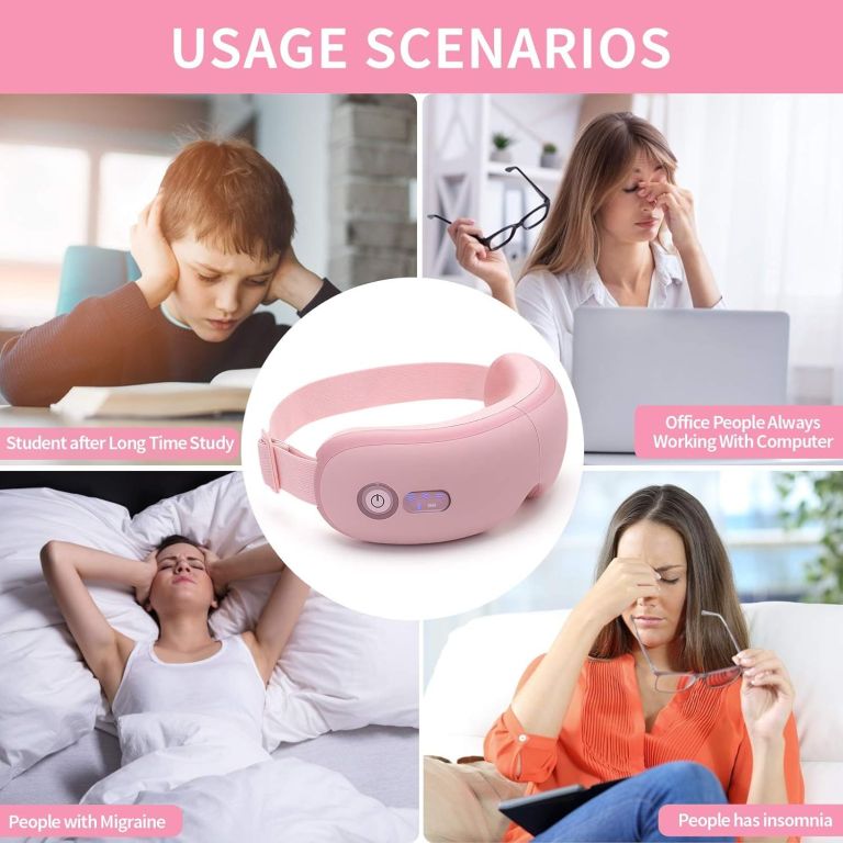 Pink eye massager with usage scenarios collage