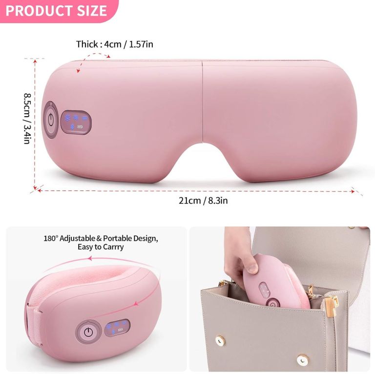 Pink foldable heated eye massager with dimensions