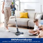 cordless vacuum cleaner, 8 in 1 powerful suction lightweight vacuum cleaner for home, led display, 3 suction modes, 55kpa powerful suction,45mins detachable battery vacuum for hard floor carpet pet hair Woman vacuuming living room beside child and dog