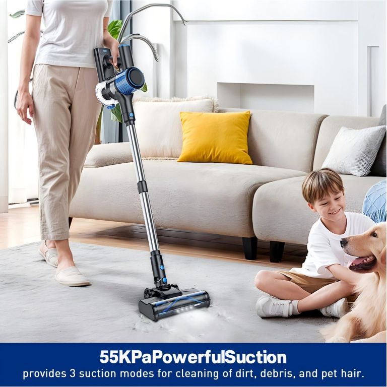 cordless vacuum cleaner, 8 in 1 powerful suction lightweight vacuum cleaner for home, led display, 3 suction modes, 55kpa powerful suction,45mins detachable battery vacuum for hard floor carpet pet hair Woman vacuuming living room beside child and dog