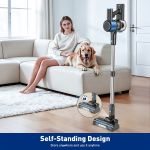 cordless vacuum cleaner, 8 in 1 powerful suction lightweight vacuum cleaner for home, led display, 3 suction modes, 55kpa powerful suction,45mins detachable battery vacuum for hard floor carpet pet hair Cordless stick vacuum beside woman and dog on sofa