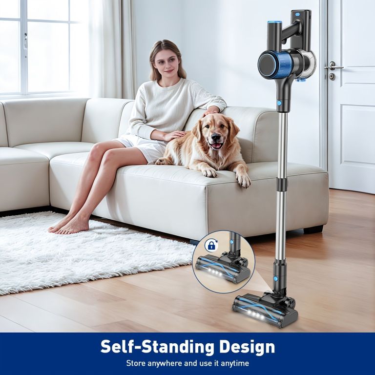 cordless vacuum cleaner, 8 in 1 powerful suction lightweight vacuum cleaner for home, led display, 3 suction modes, 55kpa powerful suction,45mins detachable battery vacuum for hard floor carpet pet hair Cordless stick vacuum beside woman and dog on sofa