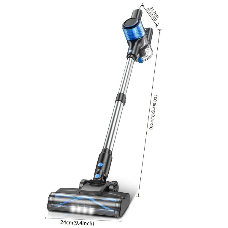 cordless vacuum cleaner, 8 in 1 powerful suction lightweight vacuum cleaner for home, led display, 3 suction modes, 55kpa powerful suction,45mins detachable battery vacuum for hard floor carpet pet hair Cordless stick vacuum with dimensions labelled