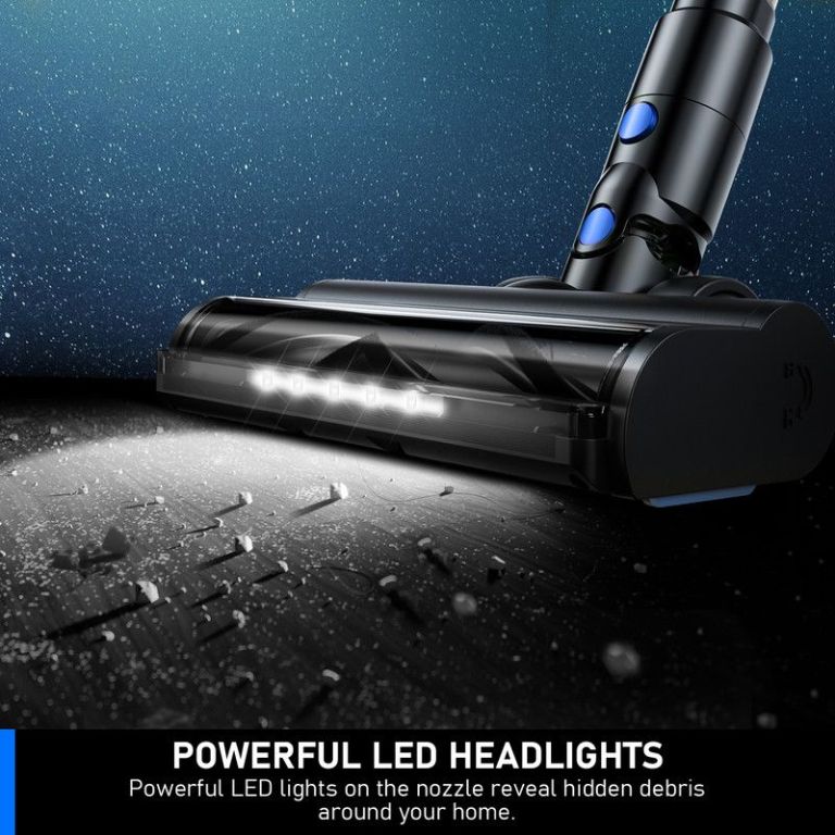Vacuum head with LED lights illuminating debris