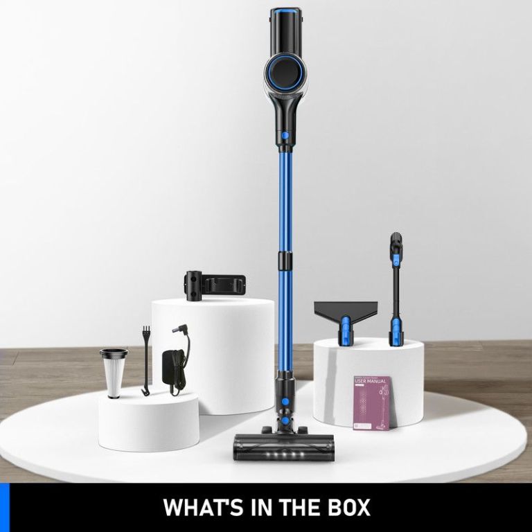 Cordless stick vacuum with accessories on display