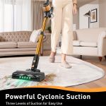 cordless vacuum cleaner, 55kpa powerful suction,8 in 1 powerful stick vacuum cleaner with anti tangle brush and upgraded green light, 2200mah. 45 minute run time rechargeable lightweight vacuum cleaner for hardwood floors, carpets and pet hair. Cordless stick vacuum cleaning living room carpet