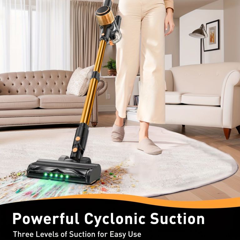 cordless vacuum cleaner, 55kpa powerful suction,8 in 1 powerful stick vacuum cleaner with anti tangle brush and upgraded green light, 2200mah. 45 minute run time rechargeable lightweight vacuum cleaner for hardwood floors, carpets and pet hair. Cordless stick vacuum cleaning living room carpet