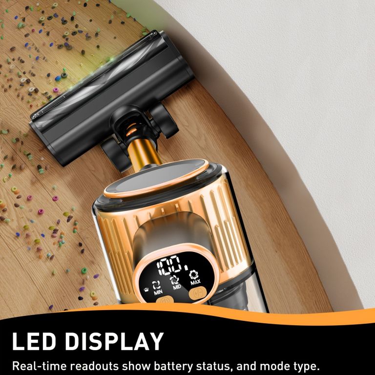 cordless vacuum cleaner, 55kpa powerful suction,8 in 1 powerful stick vacuum cleaner with anti tangle brush and upgraded green light, 2200mah. 45 minute run time rechargeable lightweight vacuum cleaner for hardwood floors, carpets and pet hair. Cordless vacuum cleaner with LED display on wooden floor