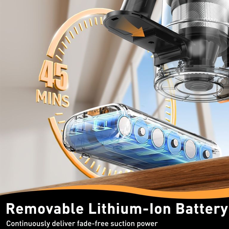 cordless vacuum cleaner, 55kpa powerful suction,8 in 1 powerful stick vacuum cleaner with anti tangle brush and upgraded green light, 2200mah. 45 minute run time rechargeable lightweight vacuum cleaner for hardwood floors, carpets and pet hair. Removable lithium-ion vacuum battery with 45-minute runtime