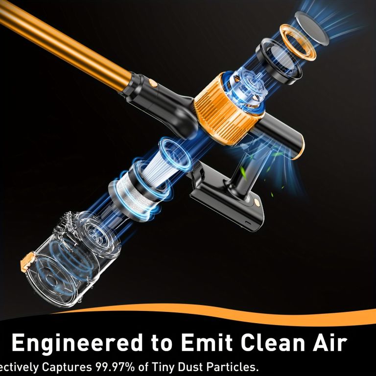 cordless vacuum cleaner, 55kpa powerful suction,8 in 1 powerful stick vacuum cleaner with anti tangle brush and upgraded green light, 2200mah. 45 minute run time rechargeable lightweight vacuum cleaner for hardwood floors, carpets and pet hair. Exploded view of cordless vacuum filtration system