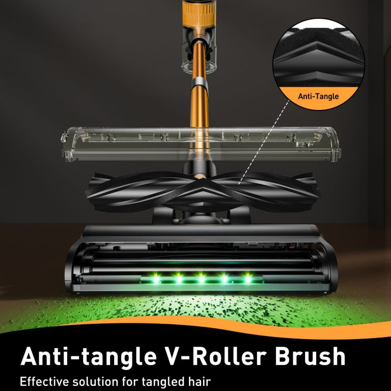 cordless vacuum cleaner, 55kpa powerful suction,8 in 1 powerful stick vacuum cleaner with anti tangle brush and upgraded green light, 2200mah. 45 minute run time rechargeable lightweight vacuum cleaner for hardwood floors, carpets and pet hair. Vacuum cleaner head with anti-tangle V-roller brush