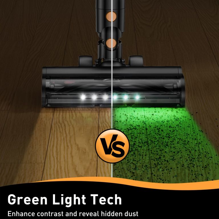 cordless vacuum cleaner, 55kpa powerful suction,8 in 1 powerful stick vacuum cleaner with anti tangle brush and upgraded green light, 2200mah. 45 minute run time rechargeable lightweight vacuum cleaner for hardwood floors, carpets and pet hair. Vacuum head with green light revealing dust