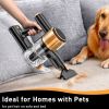 cordless vacuum cleaner, 55kpa powerful suction,8 in 1 powerful stick vacuum cleaner with anti tangle brush and upgraded green light, 2200mah. 45 minute run time rechargeable lightweight vacuum cleaner for hardwood floors, carpets and pet hair. Handheld vacuum cleaning pet hair from sofa