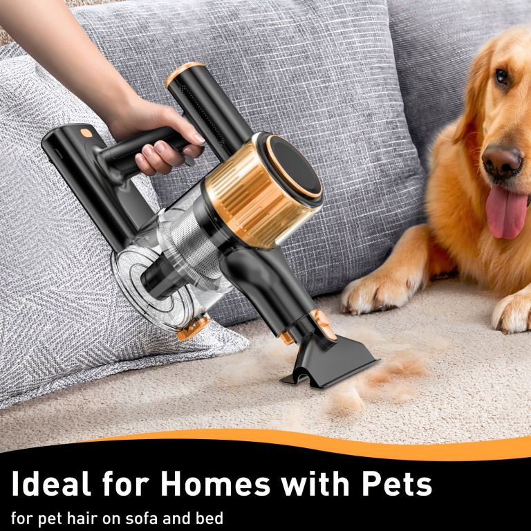 cordless vacuum cleaner, 55kpa powerful suction,8 in 1 powerful stick vacuum cleaner with anti tangle brush and upgraded green light, 2200mah. 45 minute run time rechargeable lightweight vacuum cleaner for hardwood floors, carpets and pet hair. Handheld vacuum cleaning pet hair from sofa
