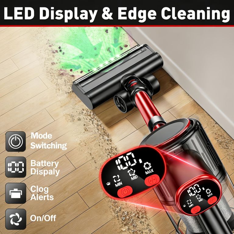 Cordless vacuum with LED lights cleaning floor edge