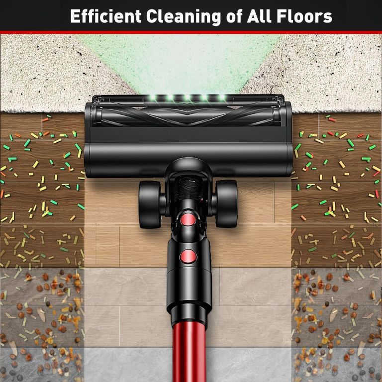 Vacuum head cleaning debris on multiple floor types