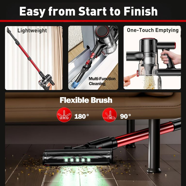 Lightweight cordless stick vacuum with flexible brush head