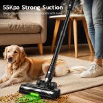 Vacuum cleaning pet food beside golden retriever
