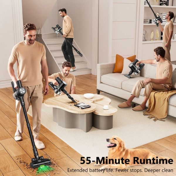 cordless vacuum cleaner, 55kpa/55mins vacuum cleaners for home. self standing stick vacuum with rechargeable dock,led display & anti tangle,lightweight rechargeable vacuum for carpet,floor Man vacuuming living room with cordless stick vacuum