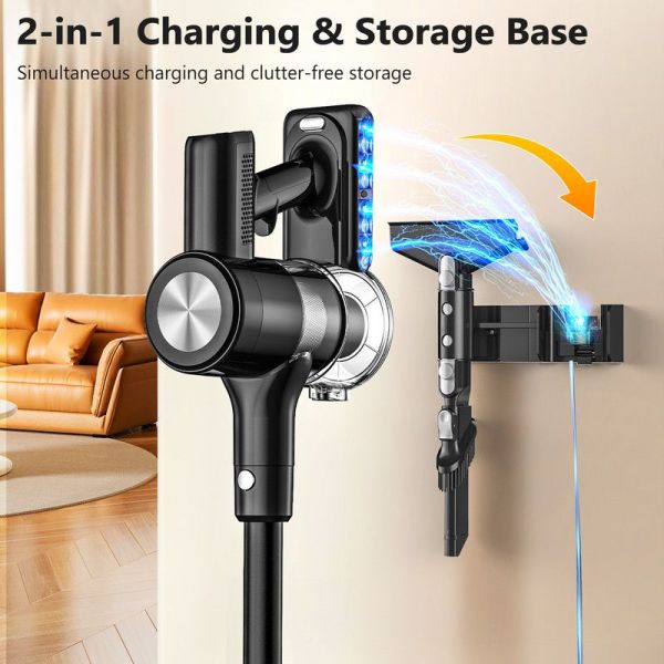 cordless vacuum cleaner, 55kpa/55mins vacuum cleaners for home. self standing stick vacuum with rechargeable dock,led display & anti tangle,lightweight rechargeable vacuum for carpet,floor Wall-mounted cordless vacuum charging and storage base