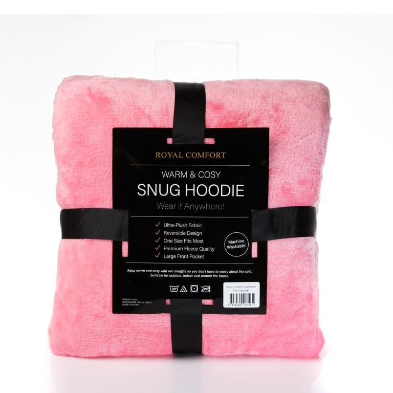 royal comfort snug hoodie nightwear super soft reversible coral fleece 750gsm pink Pink plush snug hoodie blanket folded with label