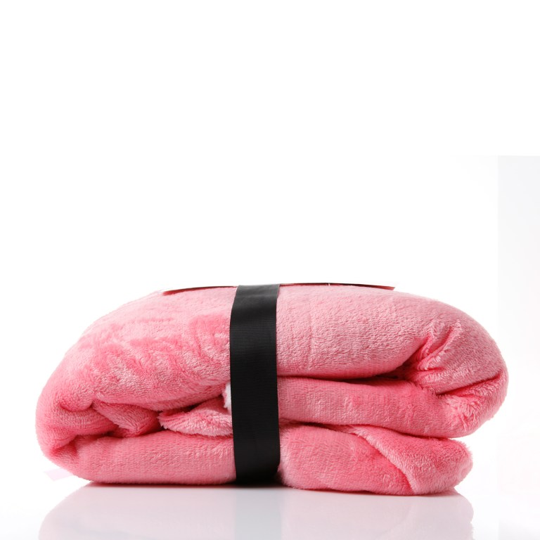 royal comfort snug hoodie nightwear super soft reversible coral fleece 750gsm pink Folded pink plush blanket with black strap