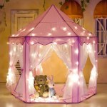 Pink fairy-lit play tent with teddy bears