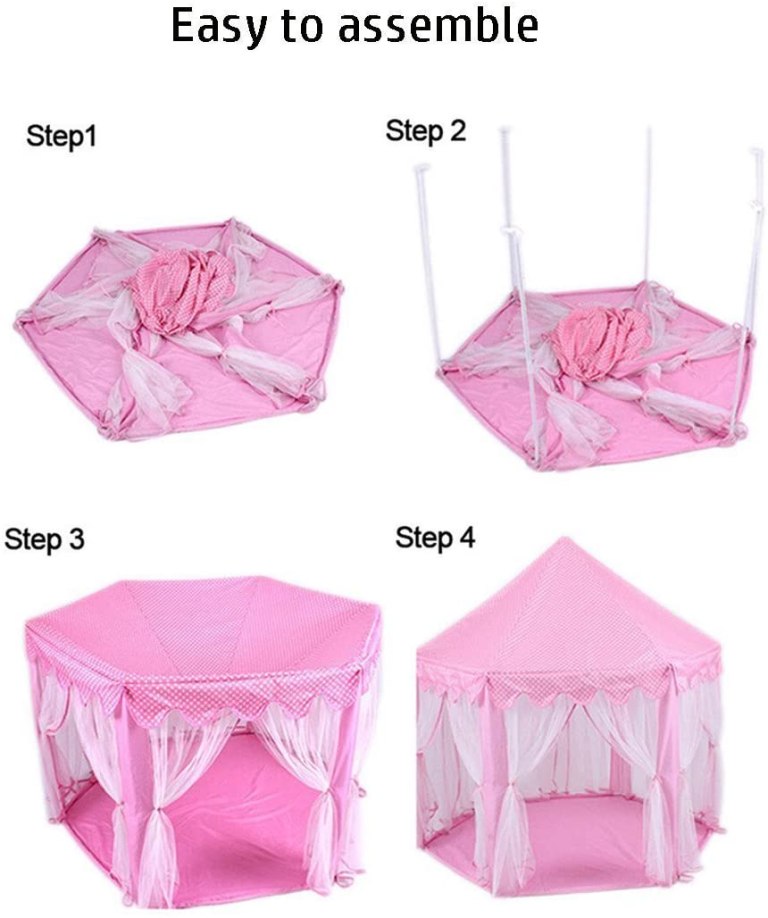 Pink children’s play tent assembly steps