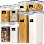 Clear labelled pantry containers with dry food items