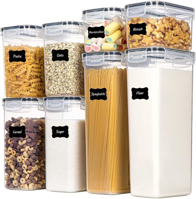 Clear labelled pantry containers with dry food items