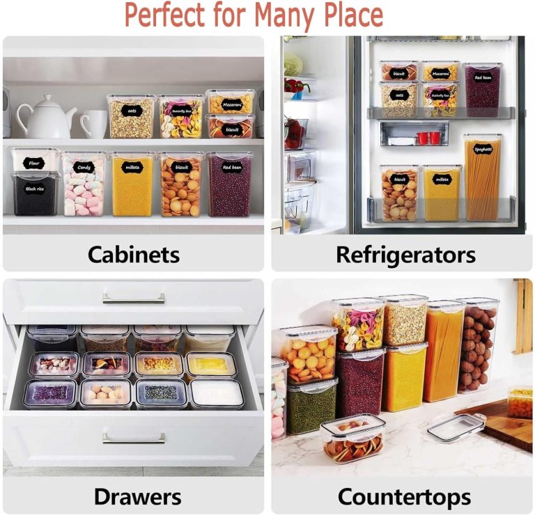 Clear labelled food containers in kitchen storage spaces