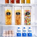 carla home airtight cereal storage containers bpa free food dispensers with pouring lids for pantry & kitchen (4 pack 2,5l) Labelled containers with snacks inside refrigerator