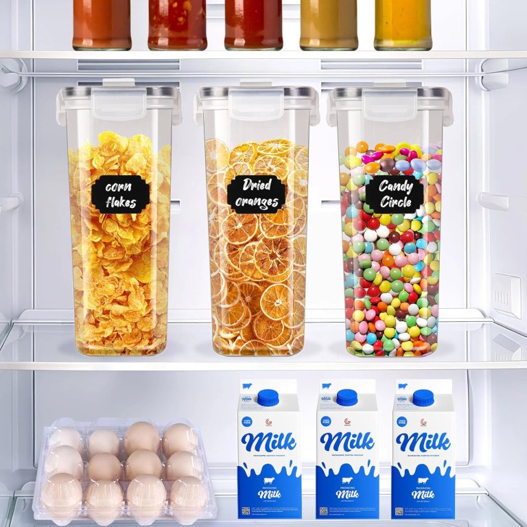 carla home airtight cereal storage containers bpa free food dispensers with pouring lids for pantry & kitchen (4 pack 2,5l) Labelled containers with snacks inside refrigerator
