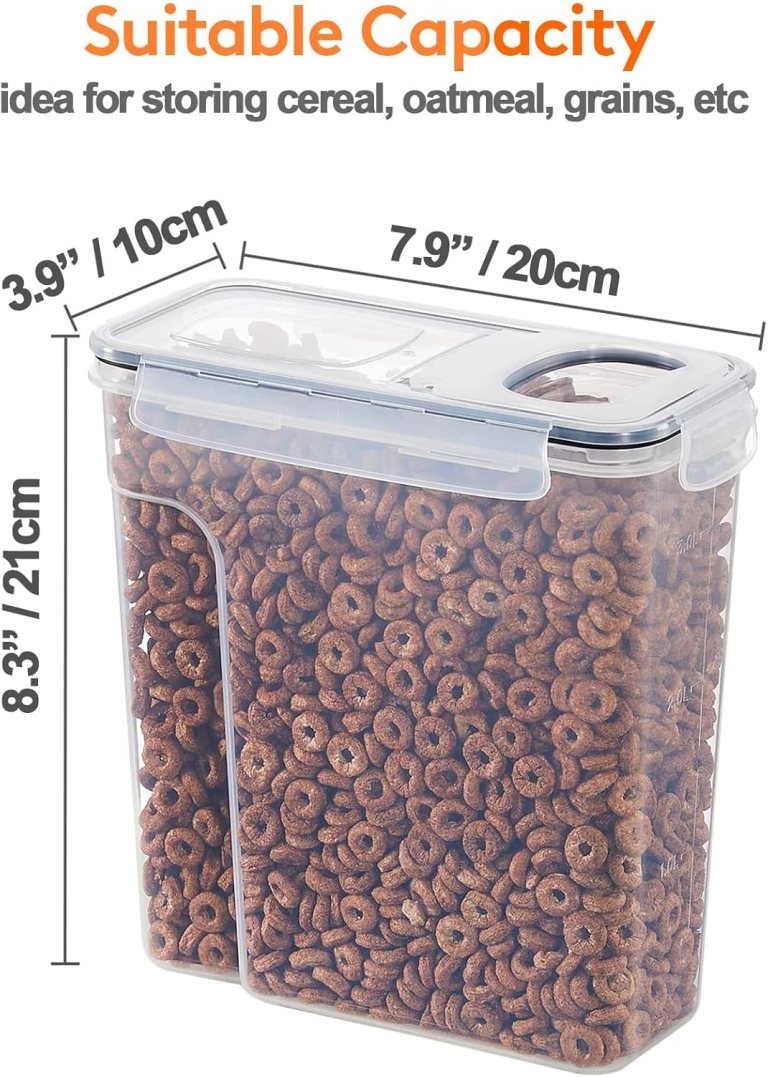 carla home airtight cereal storage containers bpa free food dispensers with pouring lids for pantry & kitchen (4 pack 2,5l) Clear cereal storage container with labelled dimensions