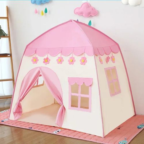Pink children’s play tent shaped like house